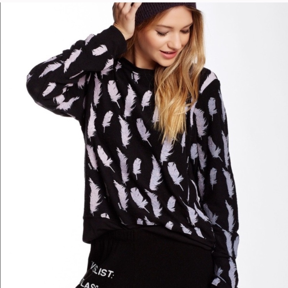 Wildfox Black Sweatshirt with Feathers Print Allover. EUC